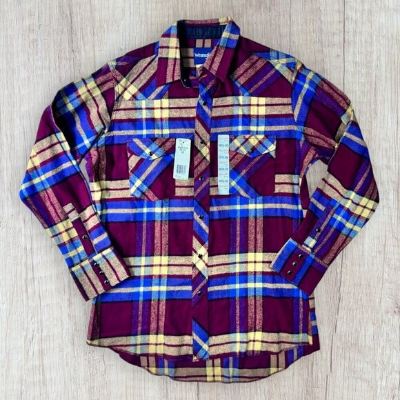 NWT Deadstock WRANGLER Plaid Flannel MW5141M Snap Button Down Shirt Mens M - Picture 2 of 8